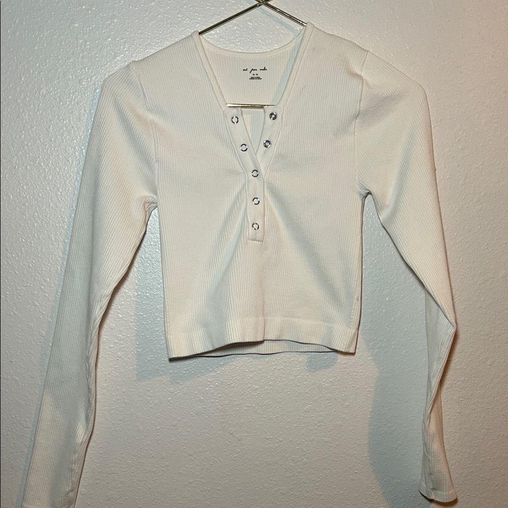 Cream Snap-Front Ribbed Crop Top